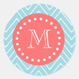 Blauw en koraal Chevron met aangepast monogram Ronde Sticker