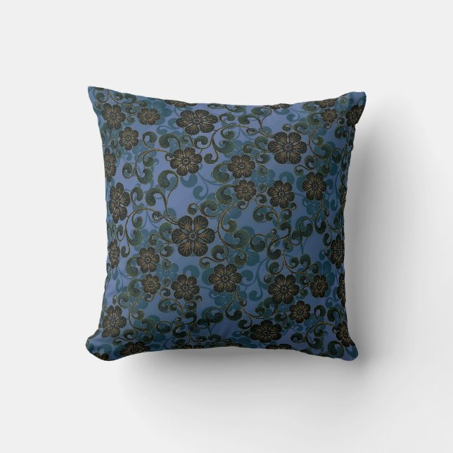  blauw en laatgrijs bloempatroon kussen (Voorkant)