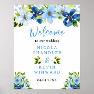 Blauw en marinebloemen Huwelijks Welkom Bord Poster