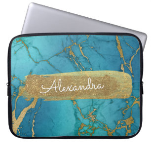 Blauw en marmer met goudfolie en glitter laptop sleeve