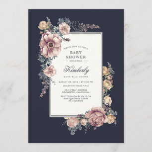 Blauw en Mauve Elegant  Bloemen Baby shower Kaart