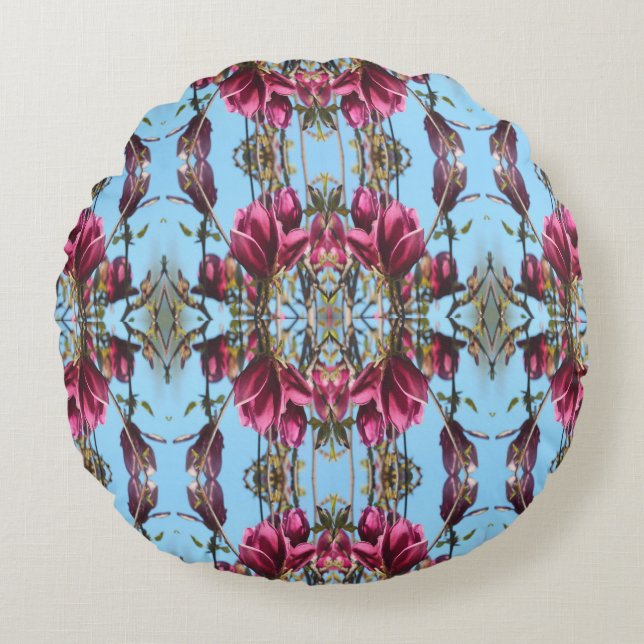 Blauw en Mauve Tulp Magnolia Ronde Pouf Kussen (Voorkant)