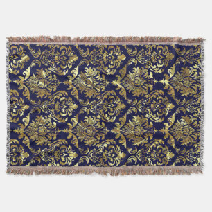 Blauw en Metallic Goud  Bloemen Damasks Deken