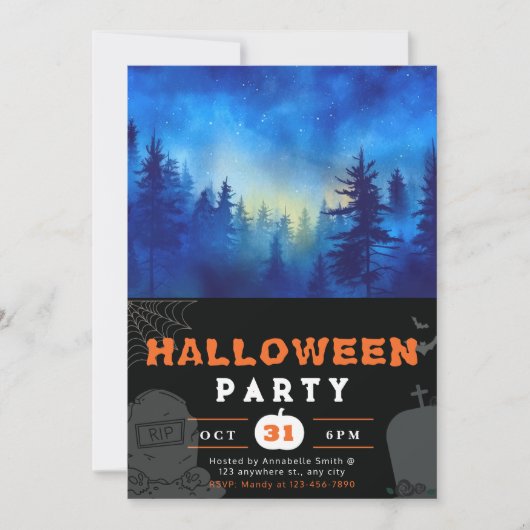 Blauw en Moonlit Bos Zwart Halloween Kaart (Voorkant)