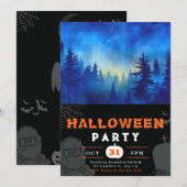 Blauw en Moonlit Bos Zwart Halloween Kaart (Voorkant / Achterkant)