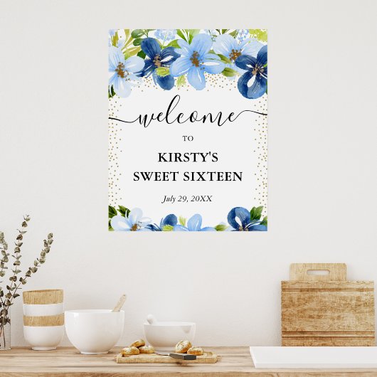 Blauw en Navy Bloemen Sweet 16 Welkom Poster (Keuken)