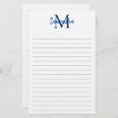 Blauw en Navy Lined Minimalistisch Monogram Briefpapier (Voorkant / Achterkant)