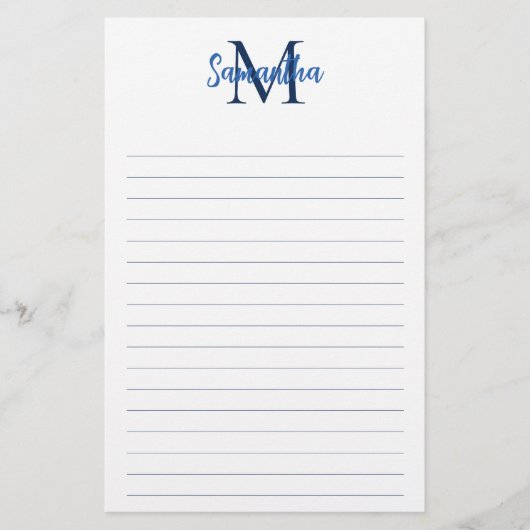 Blauw en Navy Lined Minimalistisch Monogram Briefpapier (Voorkant)