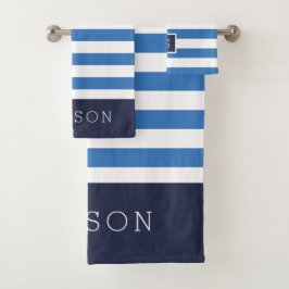 Blauw en Navy Stripes Monogram Bad Handdoek