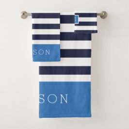 Blauw en Navy Stripes Monogram Bad Handdoek