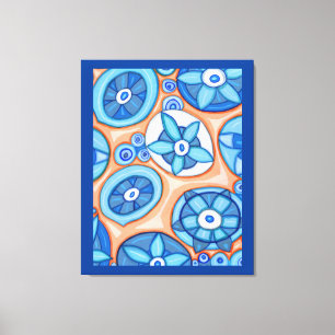 Blauw en Oranje Abstracte bloemen Oorspronkelijk s Canvas Afdruk