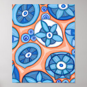 Blauw en Oranje Abstracte bloemen Oorspronkelijk s Poster