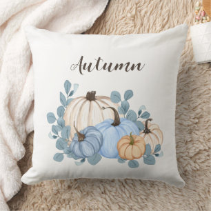 Blauw en Oranje Aquarel Pompoenen Herfst Kussen