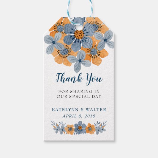 Blauw en Oranje Bloem Trouwgunst Dank u Cadeaulabel (Voorkant)