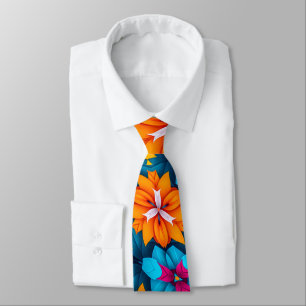Blauw en Oranje bloemenpatroon Stropdas