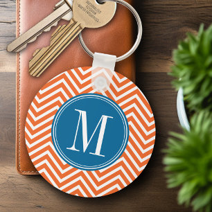 Blauw en Oranje Chevron Pattern met monogram Sleutelhanger