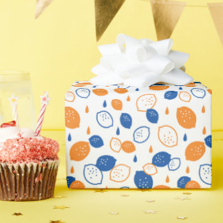 Blauw en Oranje citroenpatroon Speels fruitthema Cadeaupapier