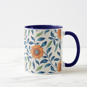 Blauw en Oranje Floral Patroon Mok