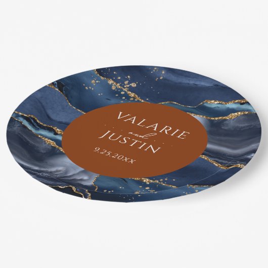 Blauw en Oranje geaarde bruiloft Papieren Bordje (Gekanteld)