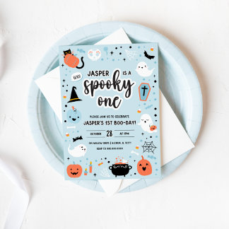 Blauw en oranje Halloween 1e verjaardagsuitnodigin Kaart