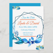 Blauw en oranje trouw save the date kaart (Voorkant / Achterkant)