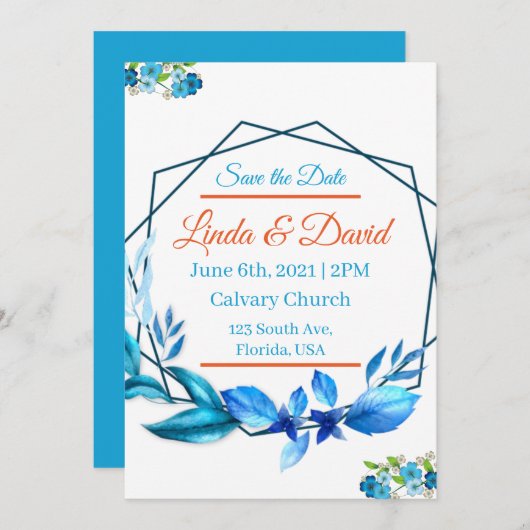 Blauw en oranje trouw save the date kaart (Voorkant / Achterkant)