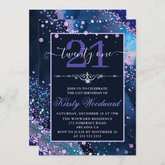 Blauw en Paars faux Glitter Agate Birthday Kaart (Voorkant / Achterkant)