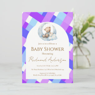 Blauw en paars geruit berenjongens babyshower kaart