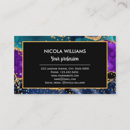 Blauw en Paars glitter Peacock Agate Visitekaartje (Achterkant)