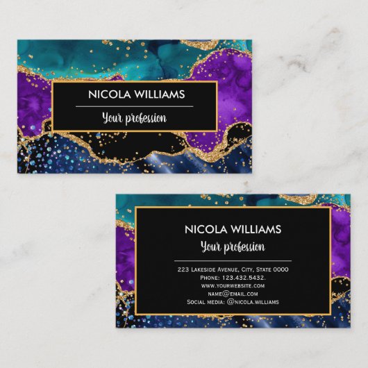 Blauw en Paars glitter Peacock Agate Visitekaartje (Voorkant / Achterkant)