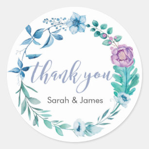 Blauw en Paarse Bloemen Dank u bruiloft stickers