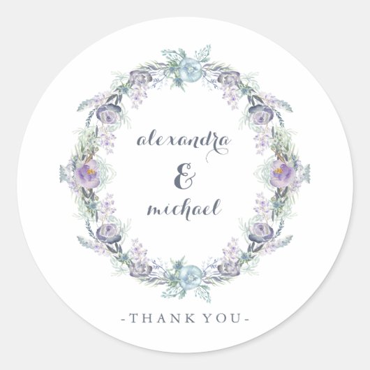 Blauw en Paarse Bloemen Krans Bruiloft Dank u Ronde Sticker (Voorkant)