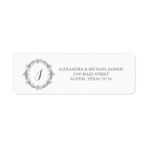 Blauw en Paarse Bloemenkrans Bruiloft Monogram Etiket
