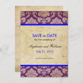 Blauw en Paarse Damask Bruiloft Save the Date (Voorkant / Achterkant)