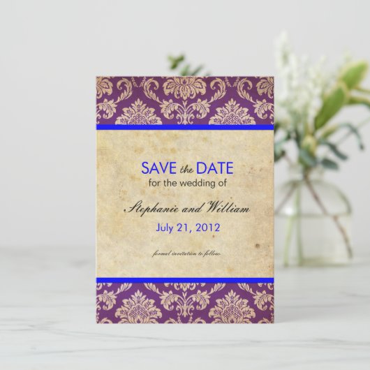 Blauw en Paarse Damask Bruiloft Save the Date (Staand voorkant)