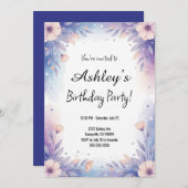blauw en Paarse meisje's bloem verjaardagsfeestje Kaart (Voorkant / Achterkant)