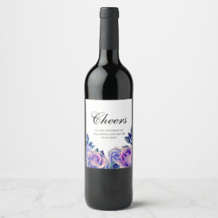 Blauw en paarse rozen wijnlabel. Proost bruiloft Wijn Etiket