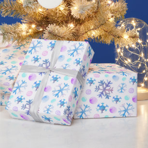 Blauw en Paarse Sneeuwvlokken Modern Wit Kerstmis Cadeaupapier