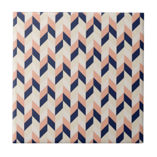Blauw en peach Herringbone Tegeltje