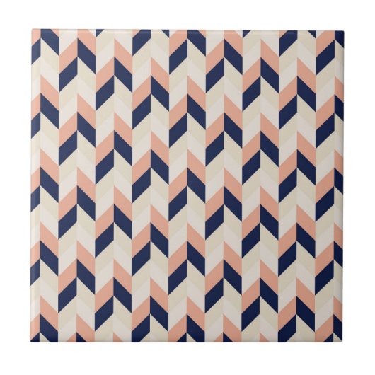Blauw en peach Herringbone Tegeltje (Voorkant)