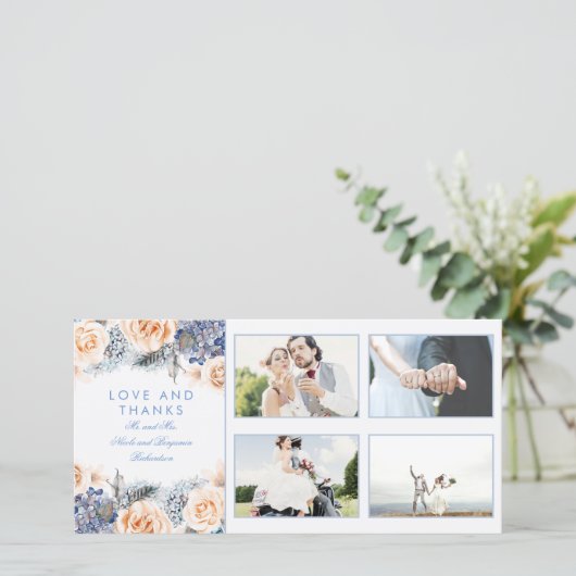 Blauw en perzik bloemige trouwkaarten met dankbetu bedankkaart (Staand voorkant)