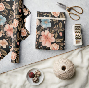 Blauw en Perzik Fantasie Bloemen Cadeaupapier