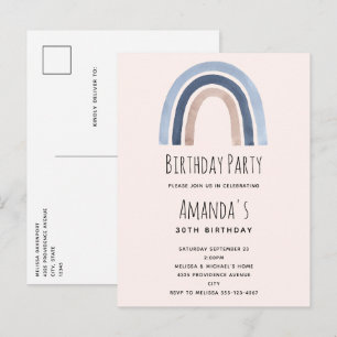 Blauw en Perzik Regenboog Boho Design Verjaardag Uitnodiging Briefkaart