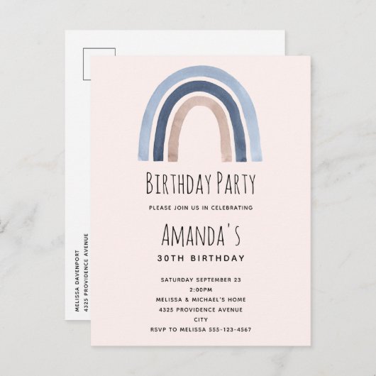 Blauw en Perzik Regenboog Boho Design Verjaardag Uitnodiging Briefkaart (Voorkant / Achterkant)