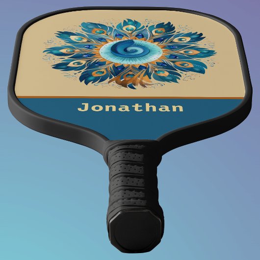Blauw en perzik Retro veren Mandala Monogram Pickleball Paddle