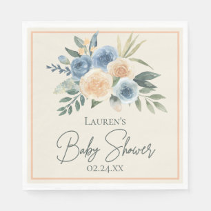 Blauw en Perzik Waterverf Bloemen Baby shower Servet