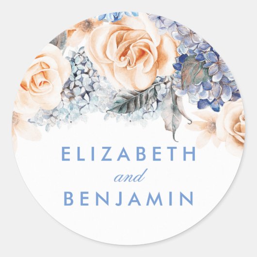 Blauw en perzikkleurige bloemen Elegante bruiloft Ronde Sticker (Voorkant)