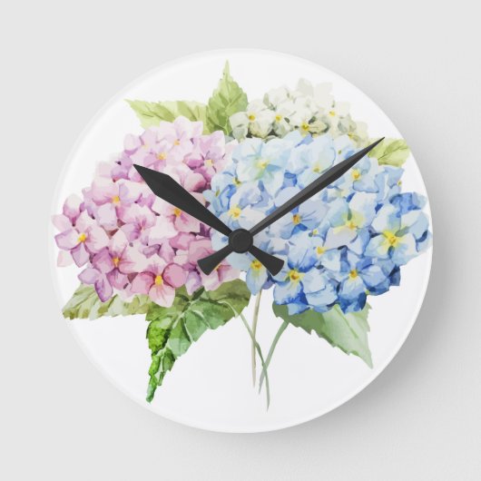 BLAUW EN PINK WATERVERF HYDRANGEA CLOCK RONDE KLOK (Voorkant)