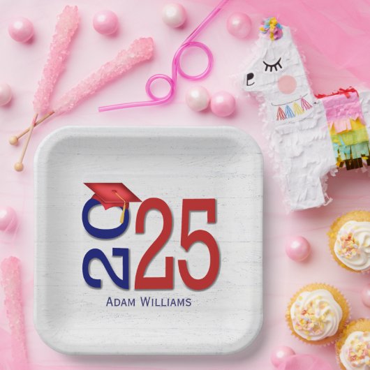 Blauw en rood 2025 Afstuderen op hout Papieren Bordje (Feest)
