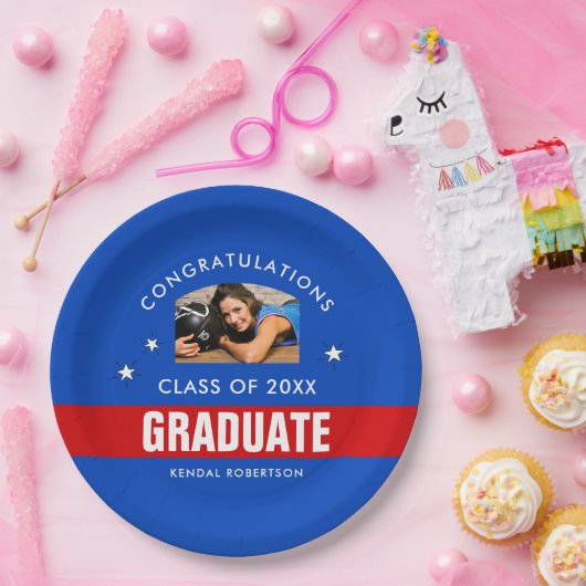 Blauw en rood Afstuderen - Aangepaste foto Papieren Bordje (Feest)